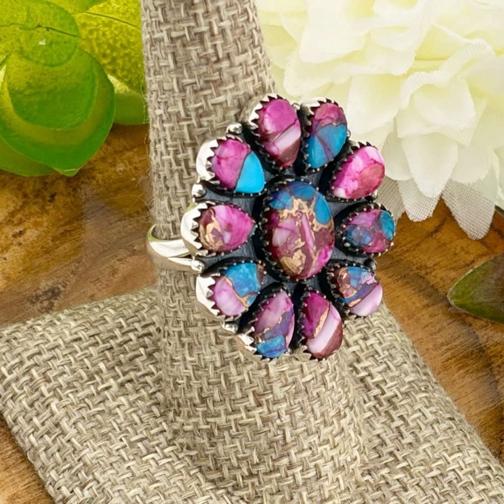 Pure Sterling Silver 925 Pink Dahlia Turquoise Cluster Ring 7 1/4 Navajo Style - Picture 9 of 11